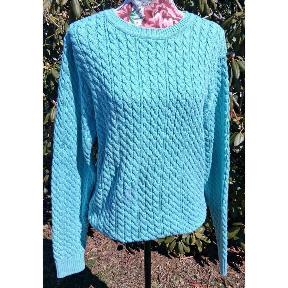 Vintage Appleseeds Women Chunky Cable Knit Sweater Large Blue Casual Office Work